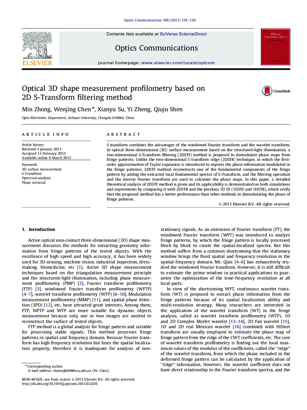 Optical 3D shape measurement profilometry based on 2D S-Transform filtering method