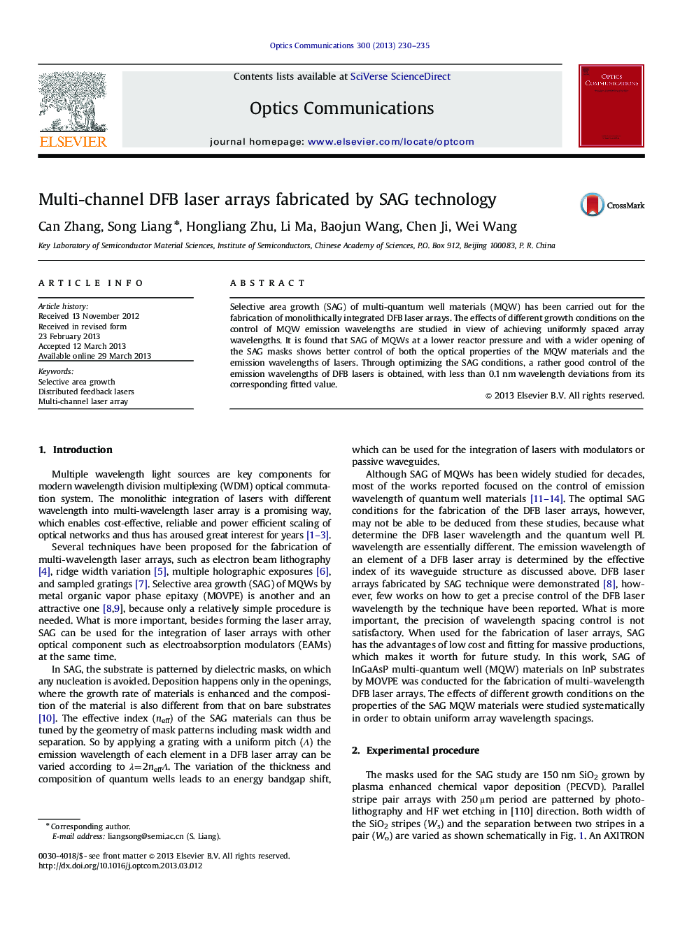 Multi-channel DFB laser arrays fabricated by SAG technology