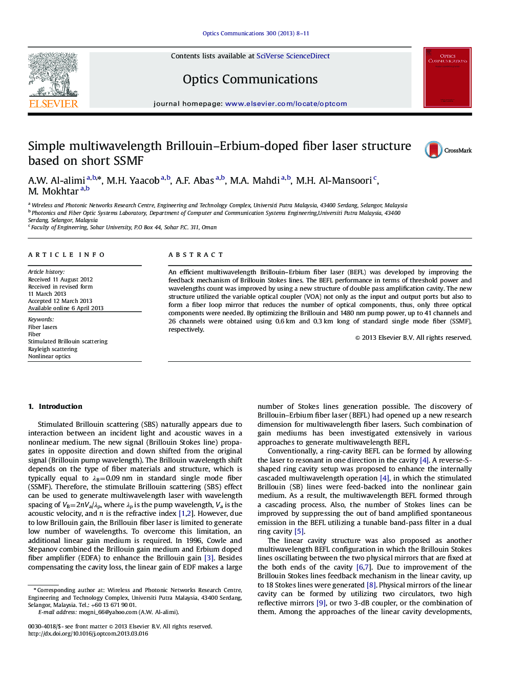 Simple multiwavelength Brillouin–Erbium-doped fiber laser structure based on short SSMF