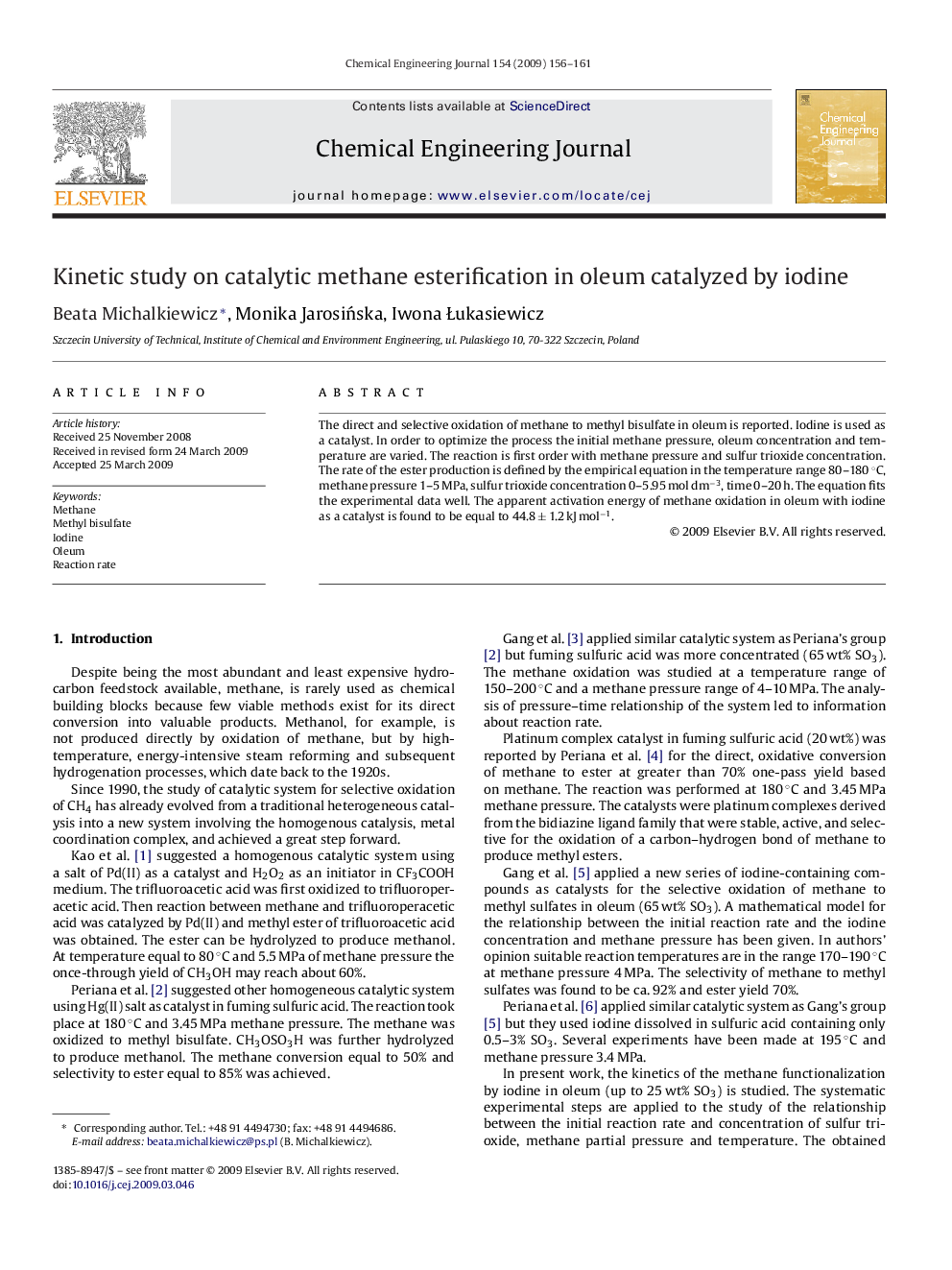 Kinetic study on catalytic methane esterification in oleum catalyzed by iodine