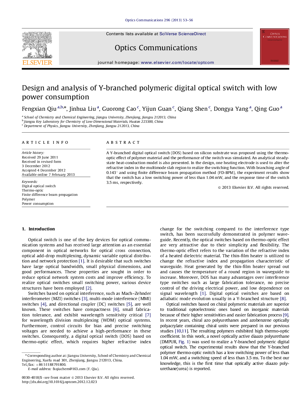 Design and analysis of Y-branched polymeric digital optical switch with low power consumption