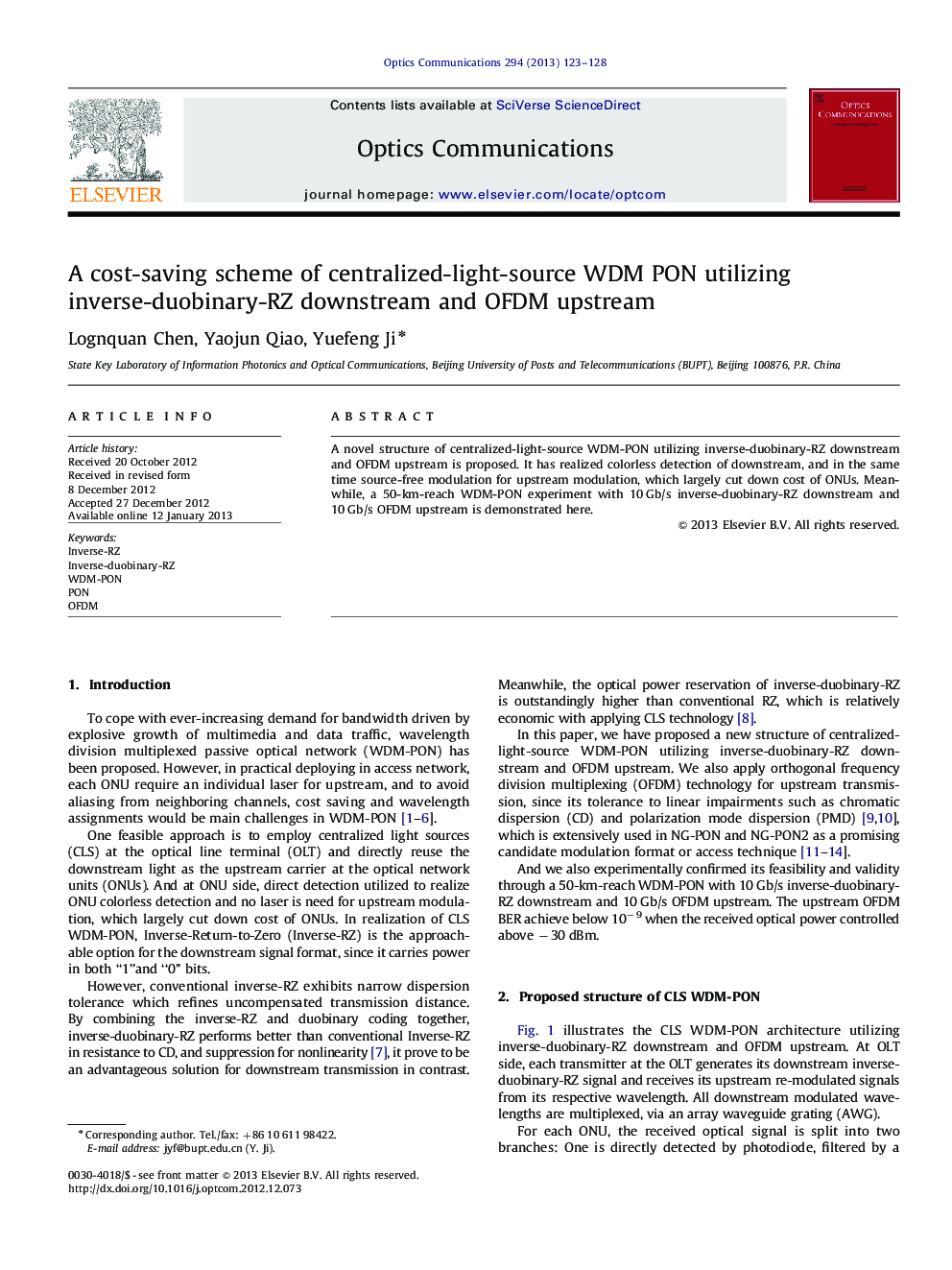 A cost-saving scheme of centralized-light-source WDM PON utilizing inverse-duobinary-RZ downstream and OFDM upstream