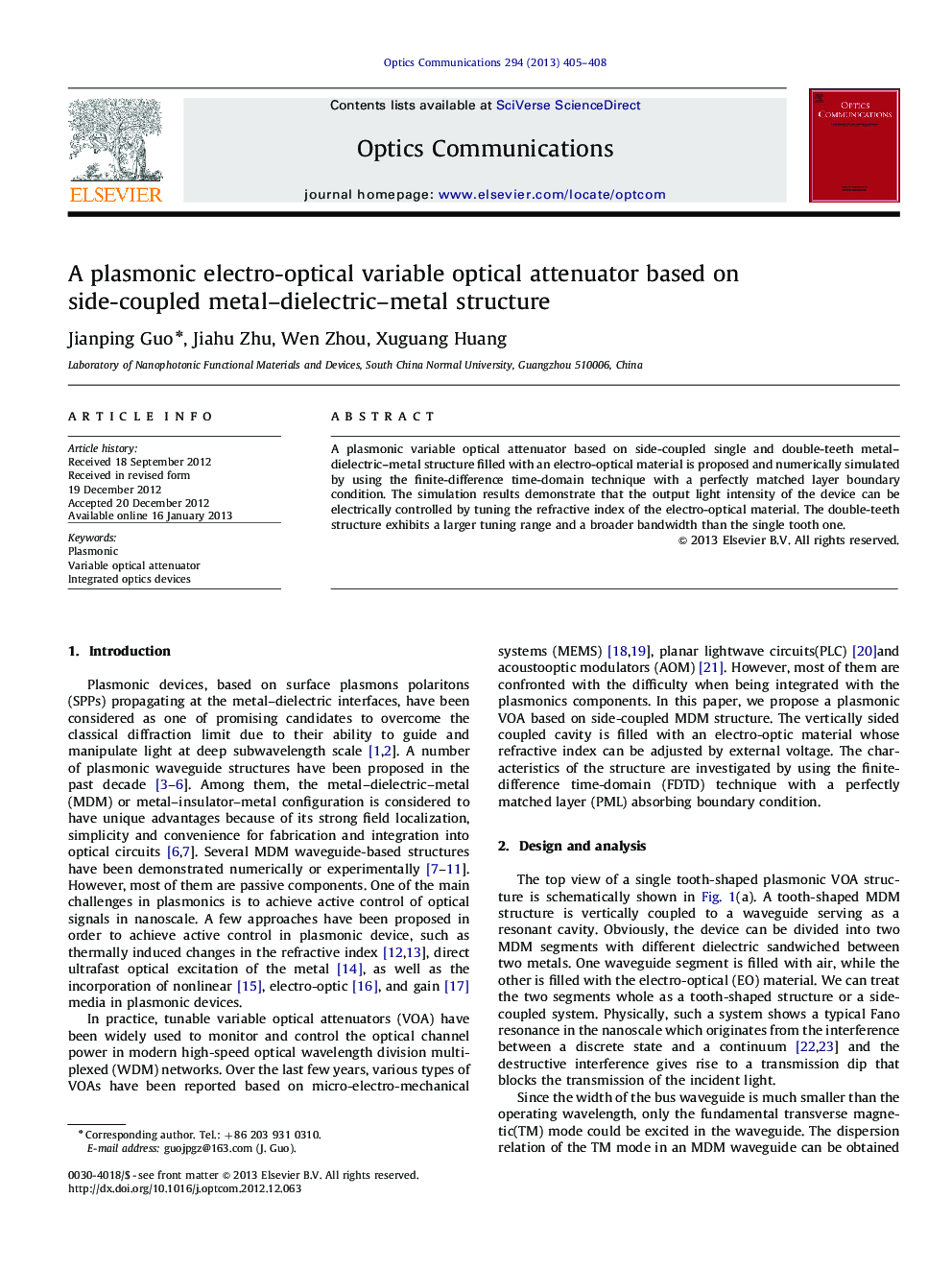 A plasmonic electro-optical variable optical attenuator based on side-coupled metal–dielectric–metal structure