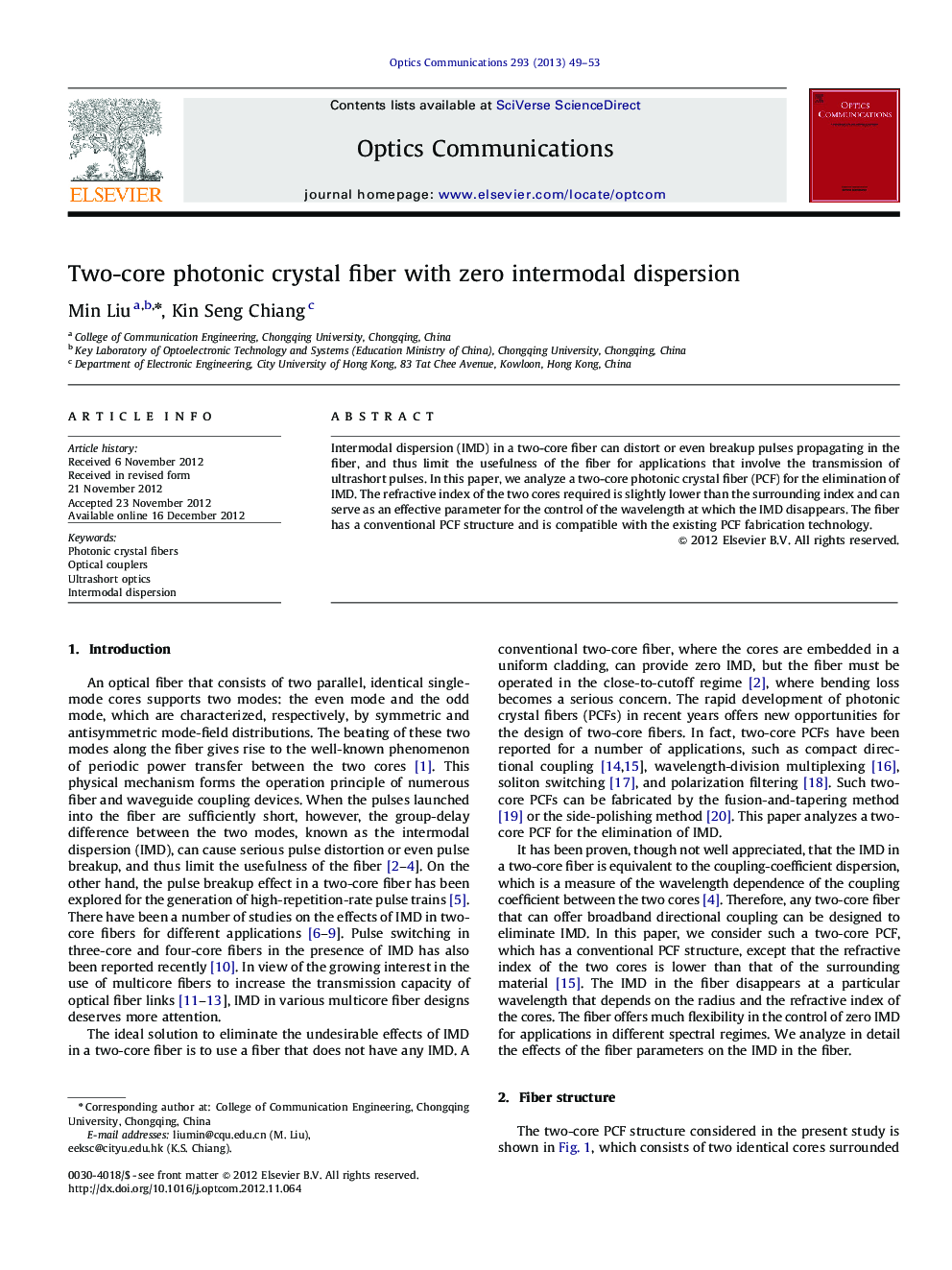 Two-core photonic crystal fiber with zero intermodal dispersion