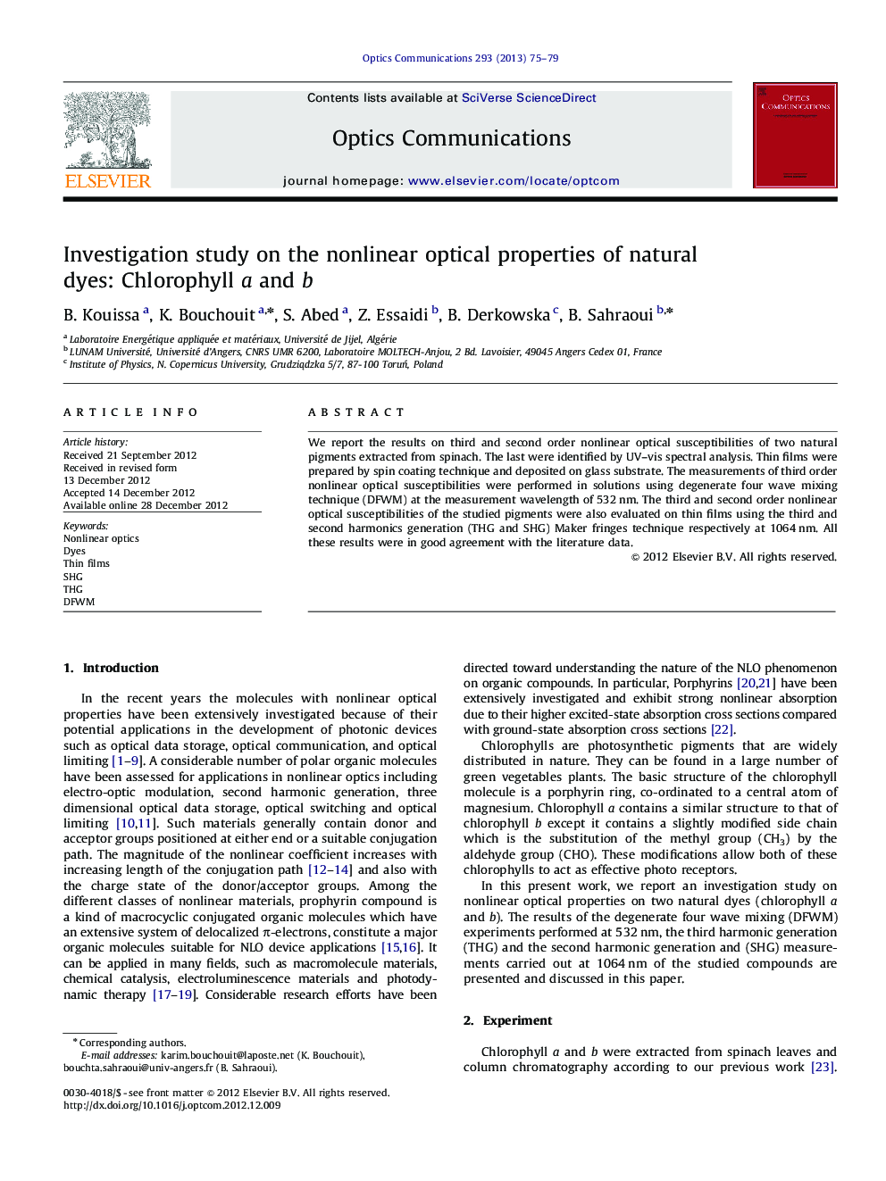 Investigation study on the nonlinear optical properties of natural dyes: Chlorophyll a and b