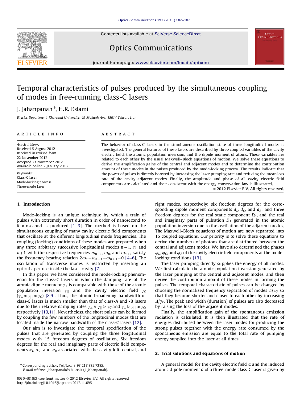 Temporal characteristics of pulses produced by the simultaneous coupling of modes in free-running class-C lasers