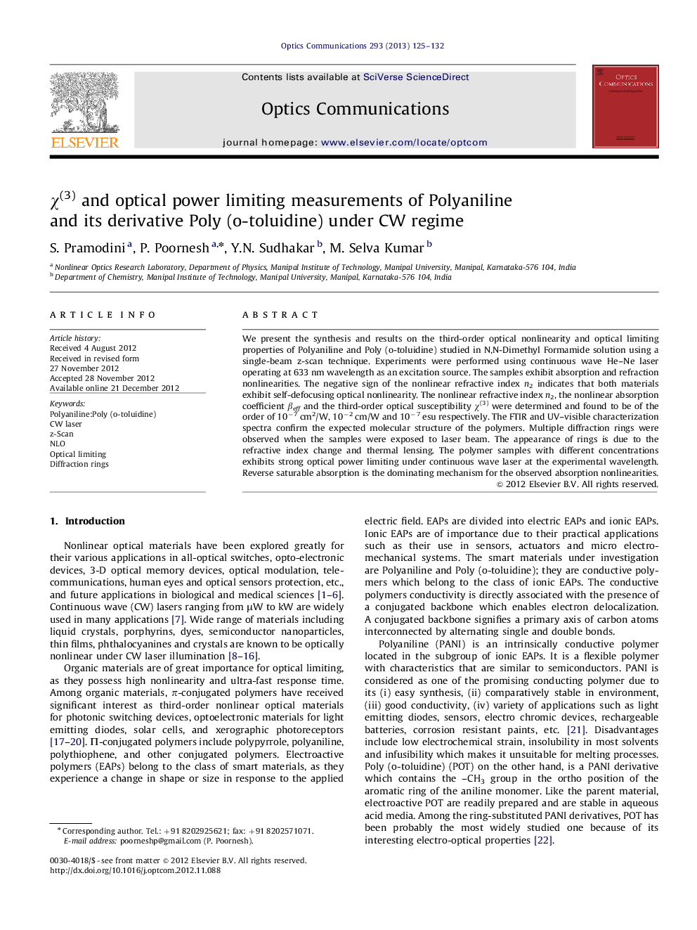 χ(3) and optical power limiting measurements of Polyaniline and its derivative Poly (o-toluidine) under CW regime