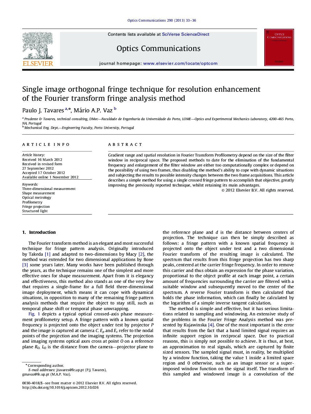 Single image orthogonal fringe technique for resolution enhancement of the Fourier transform fringe analysis method