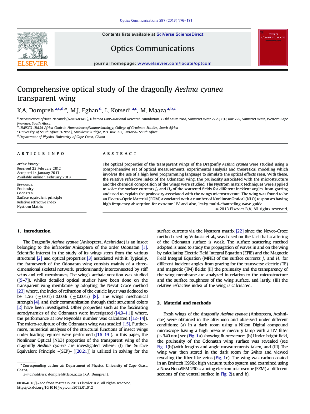 عکس صفحه اول مقاله: Comprehensive optical study of the dragonfly Aeshna cyanea transparent wing Comprehensive optical study of the dragonfly Aeshna cyanea transparent wing