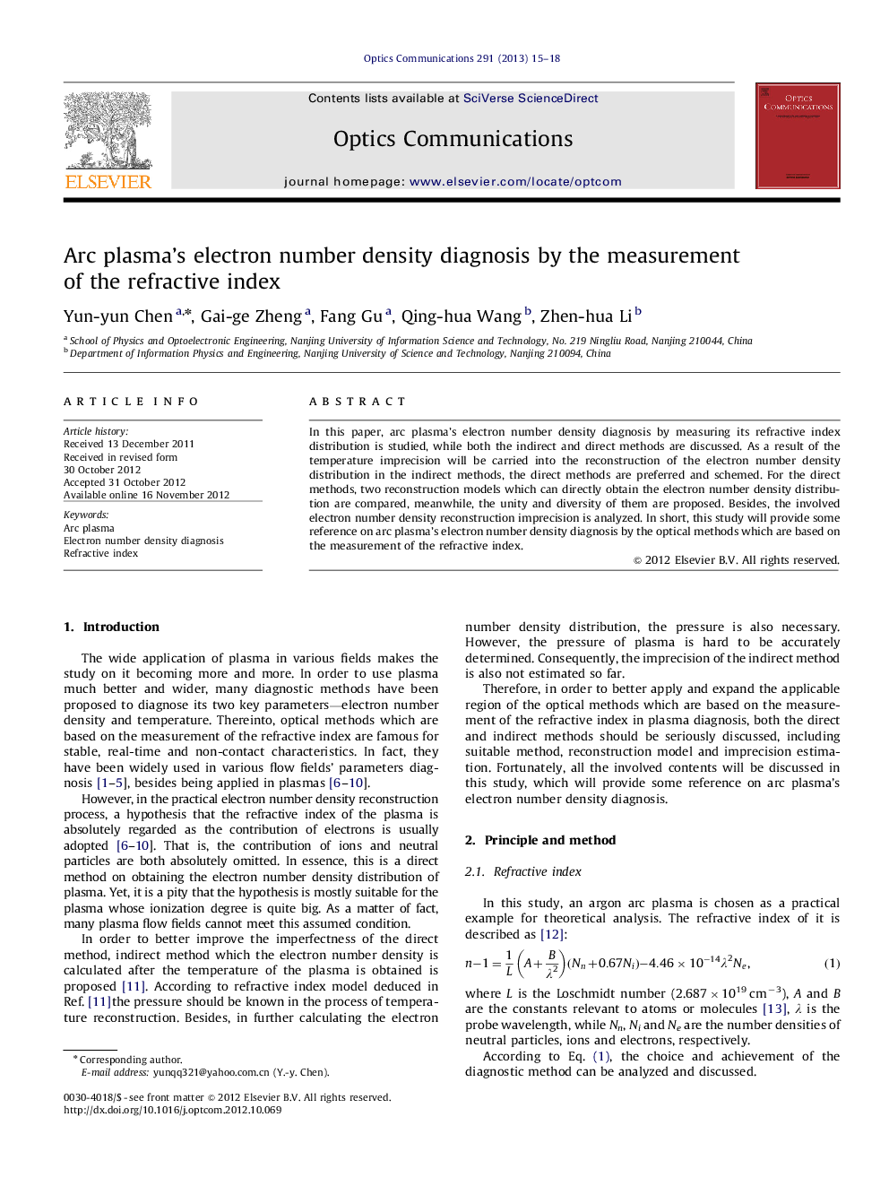 Arc plasma’s electron number density diagnosis by the measurement of the refractive index