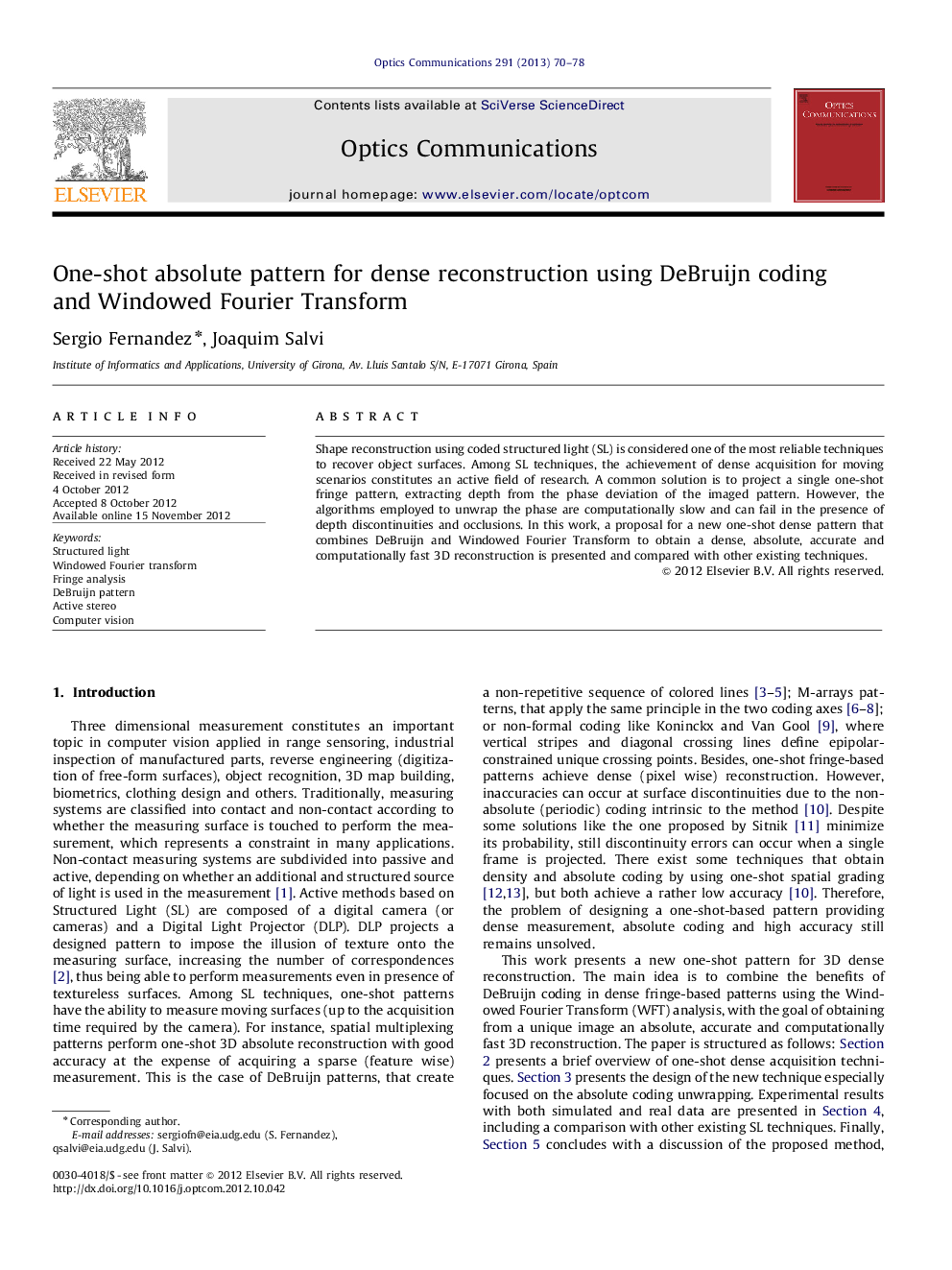 One-shot absolute pattern for dense reconstruction using DeBruijn coding and Windowed Fourier Transform