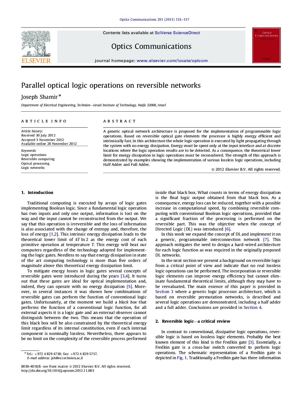 Parallel optical logic operations on reversible networks