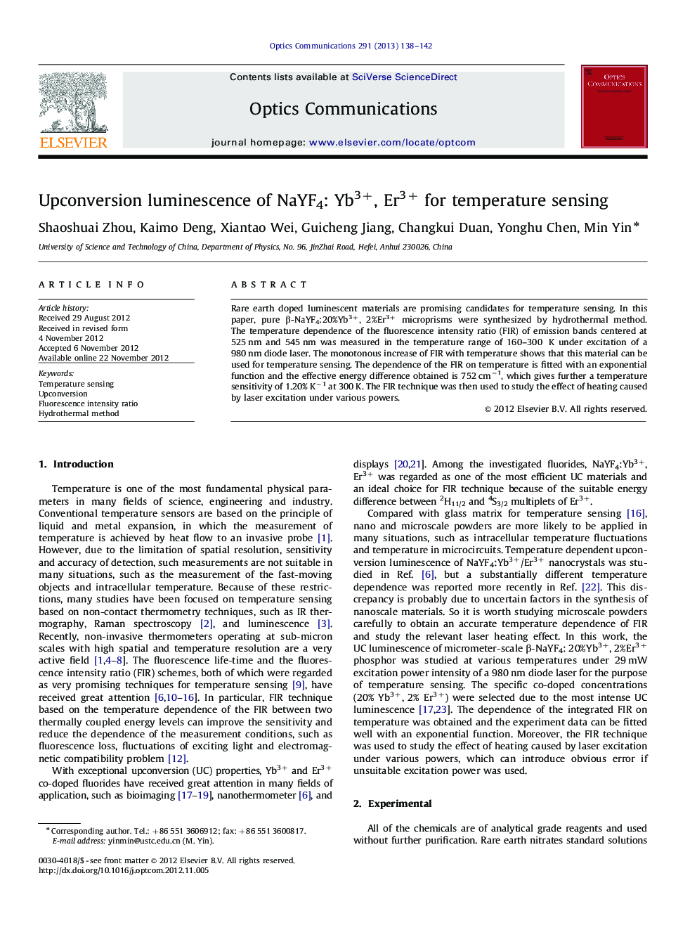 Upconversion luminescence of NaYF4: Yb3+, Er3+ for temperature sensing