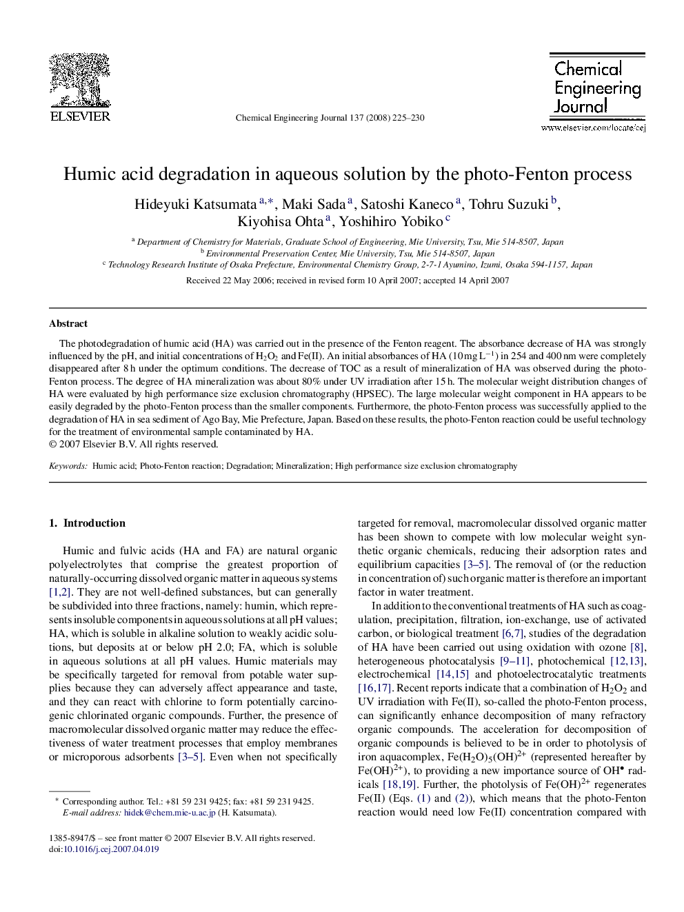 Humic acid degradation in aqueous solution by the photo-Fenton process