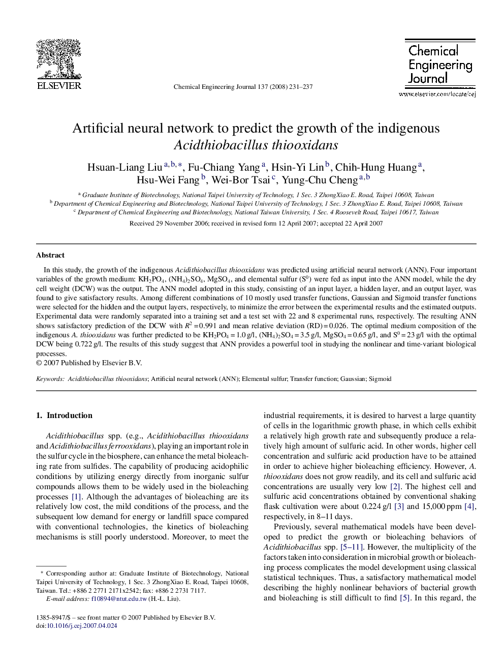 Artificial neural network to predict the growth of the indigenous Acidthiobacillus thiooxidans