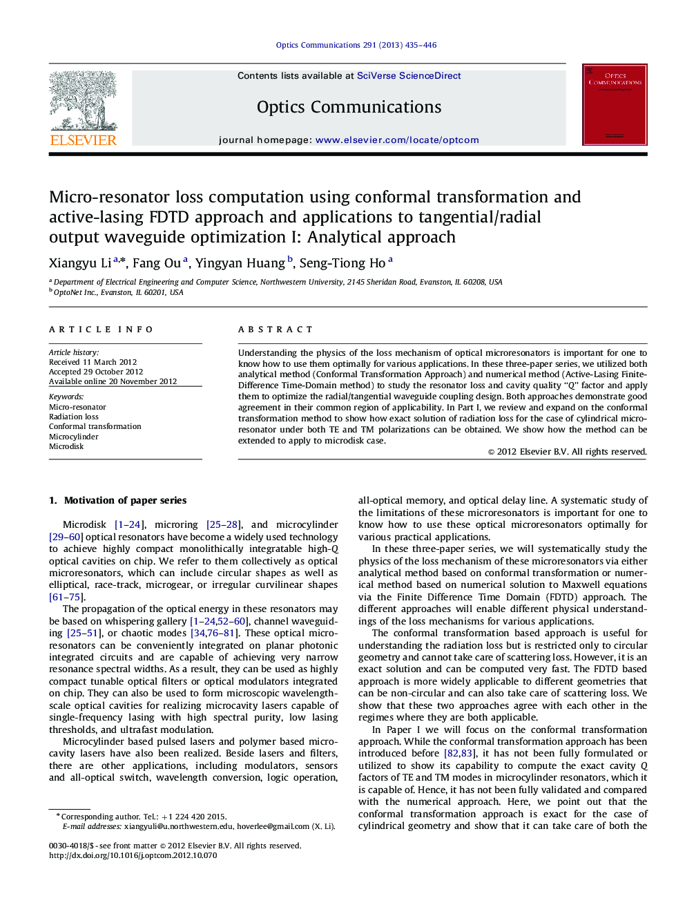 Micro-resonator loss computation using conformal transformation and active-lasing FDTD approach and applications to tangential/radial output waveguide optimization I: Analytical approach