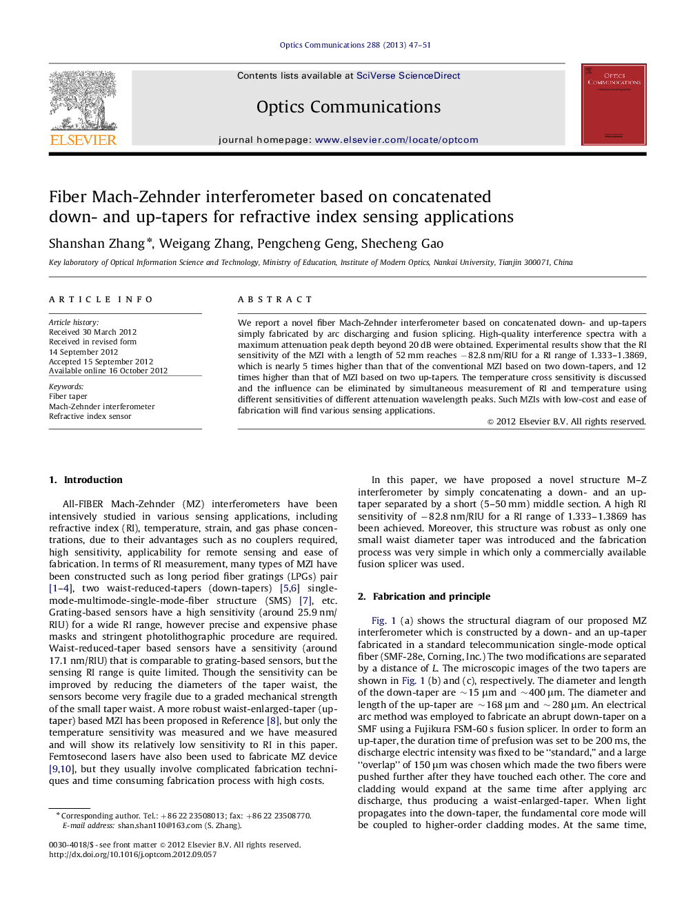 Fiber Mach-Zehnder interferometer based on concatenated down- and up-tapers for refractive index sensing applications