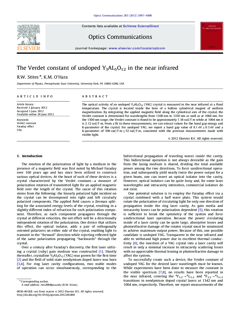 The Verdet constant of undoped Y3AL5O12 in the near infrared