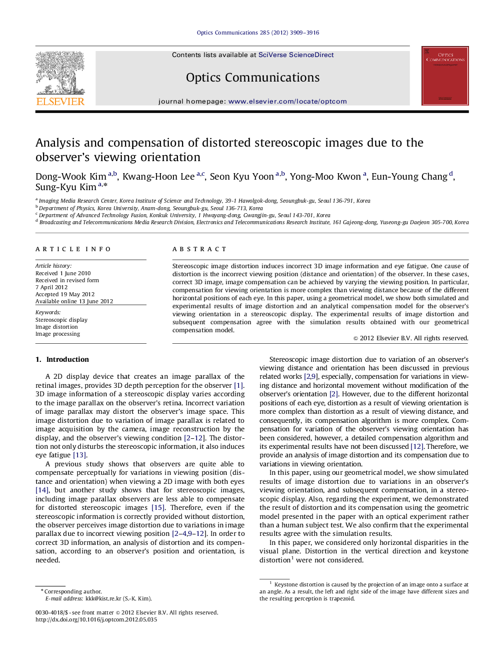 Analysis and compensation of distorted stereoscopic images due to the observer's viewing orientation