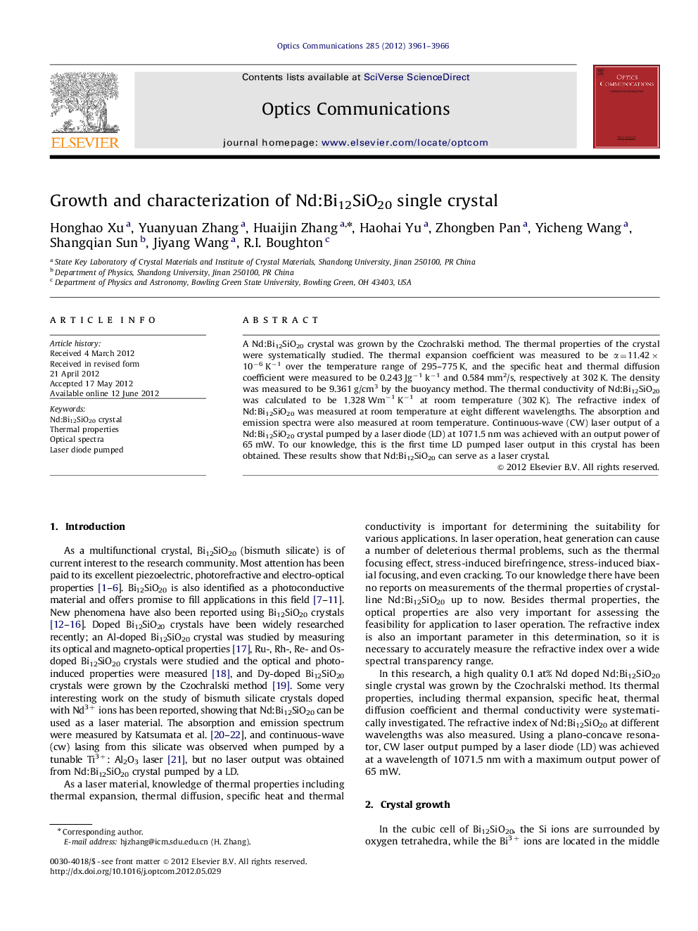 Growth and characterization of Nd:Bi12SiO20 single crystal