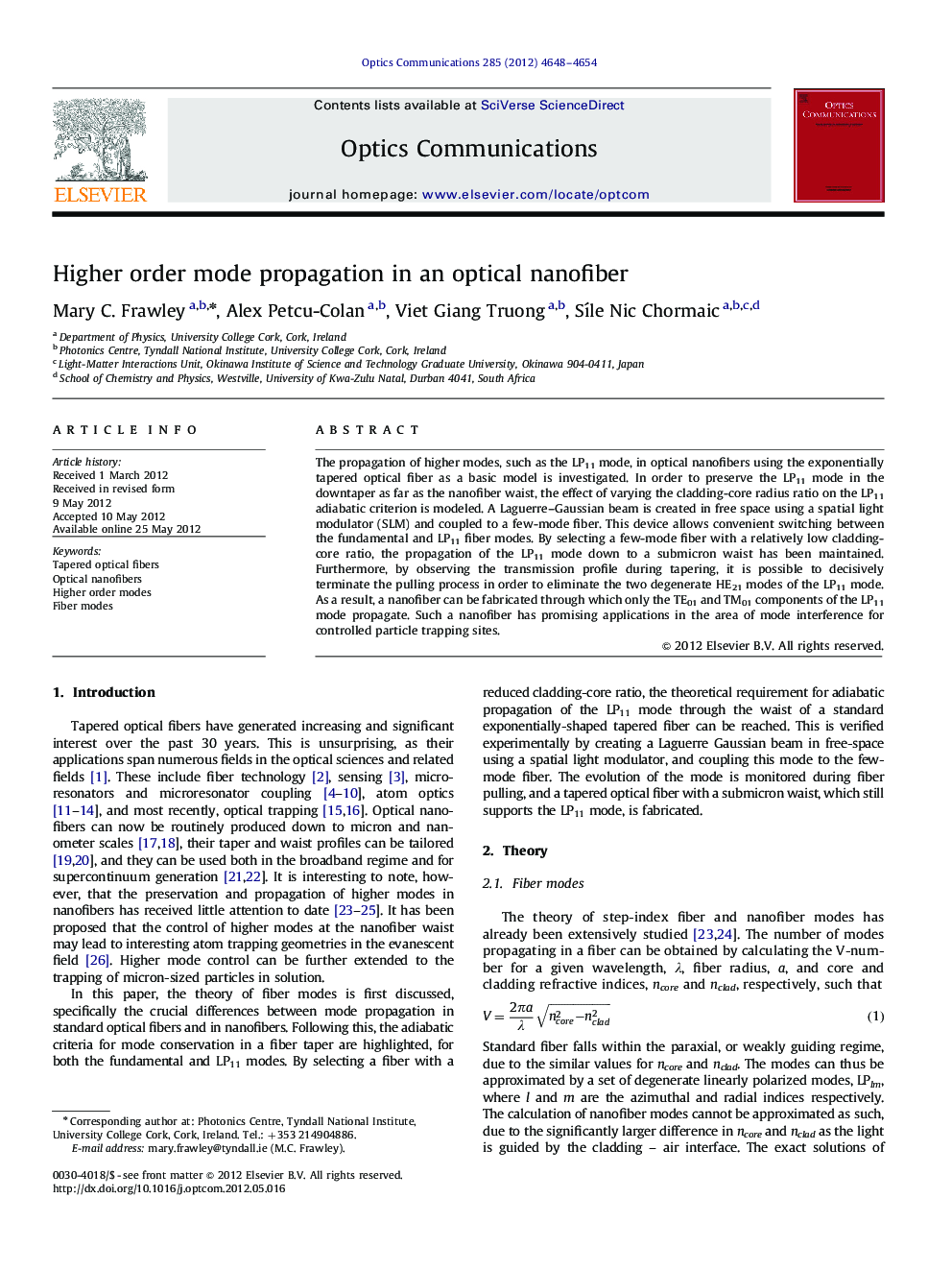 Higher order mode propagation in an optical nanofiber