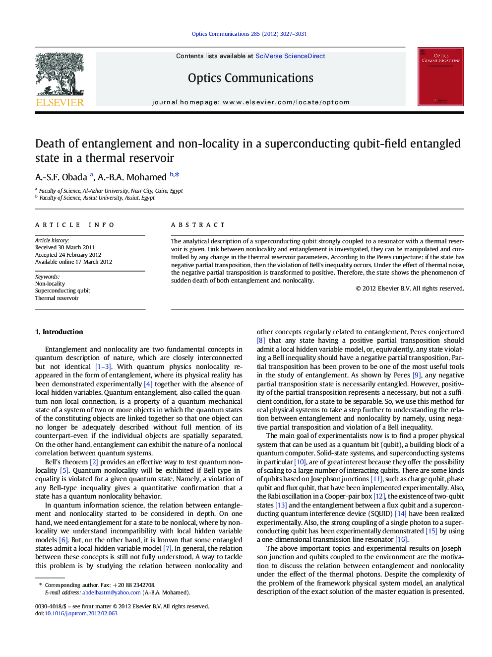 عکس صفحه اول مقاله: Death of entanglement and non-locality in a superconducting qubit-field entangled state in a thermal reservoir Death of entanglement and non-locality in a superconducting qubit-field entangled state in a thermal reservoir