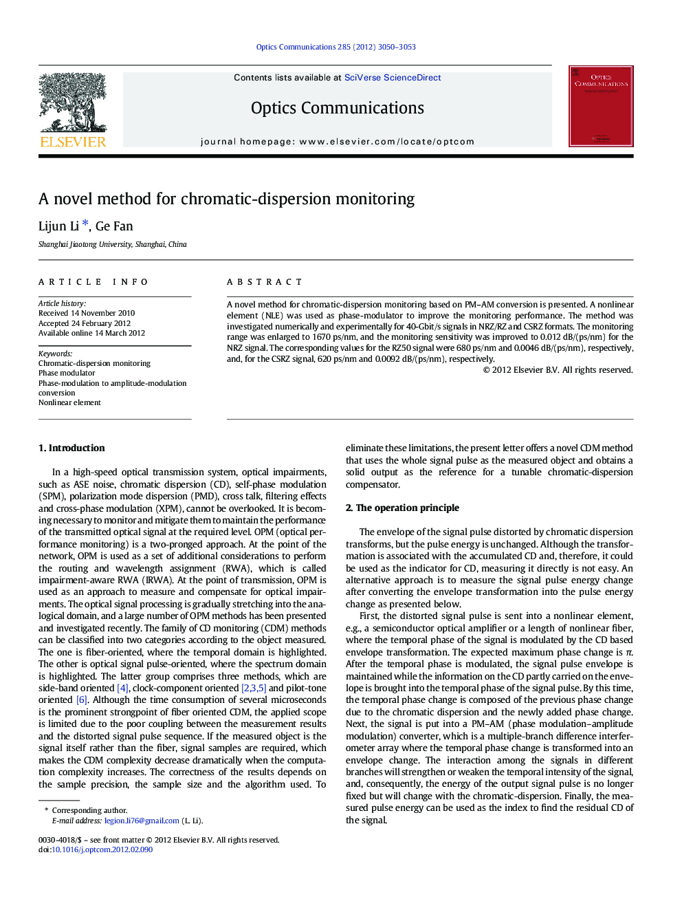 A novel method for chromatic-dispersion monitoring