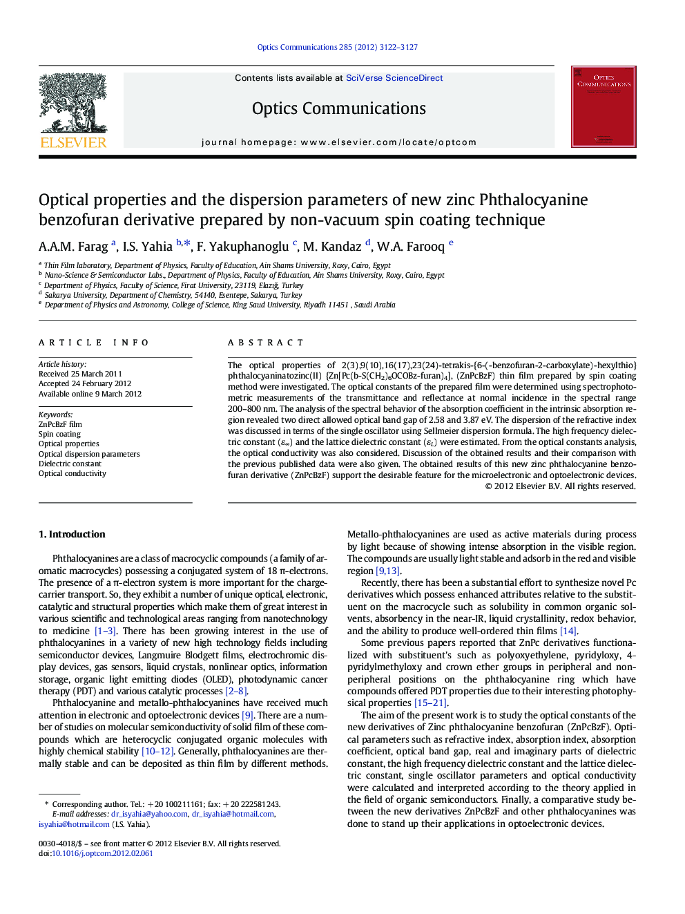 Optical properties and the dispersion parameters of new zinc Phthalocyanine benzofuran derivative prepared by non-vacuum spin coating technique