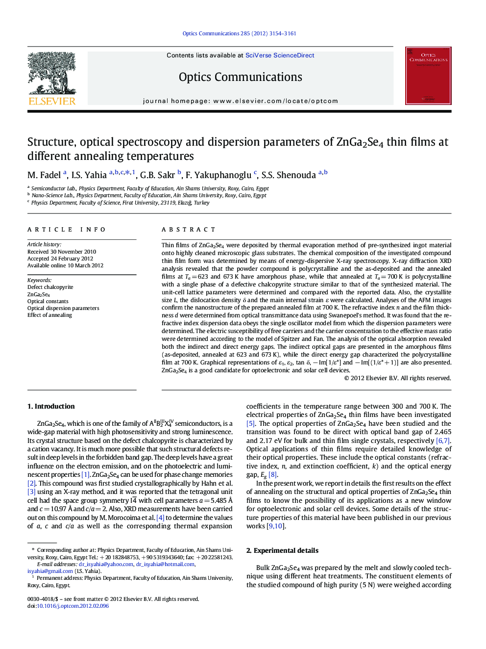 Structure, optical spectroscopy and dispersion parameters of ZnGa2Se4 thin films at different annealing temperatures