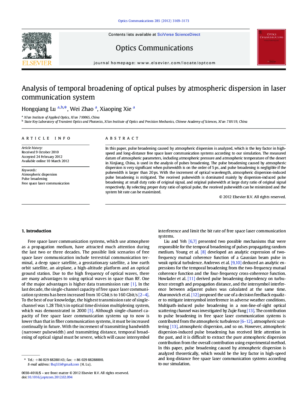 Analysis of temporal broadening of optical pulses by atmospheric dispersion in laser communication system