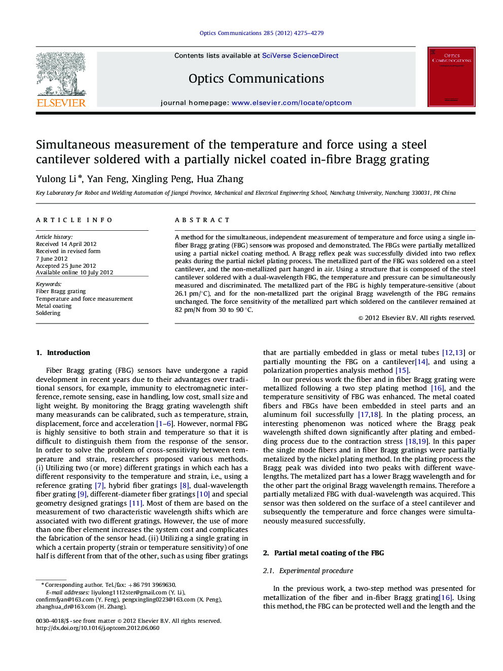 Simultaneous measurement of the temperature and force using a steel cantilever soldered with a partially nickel coated in-fibre Bragg grating