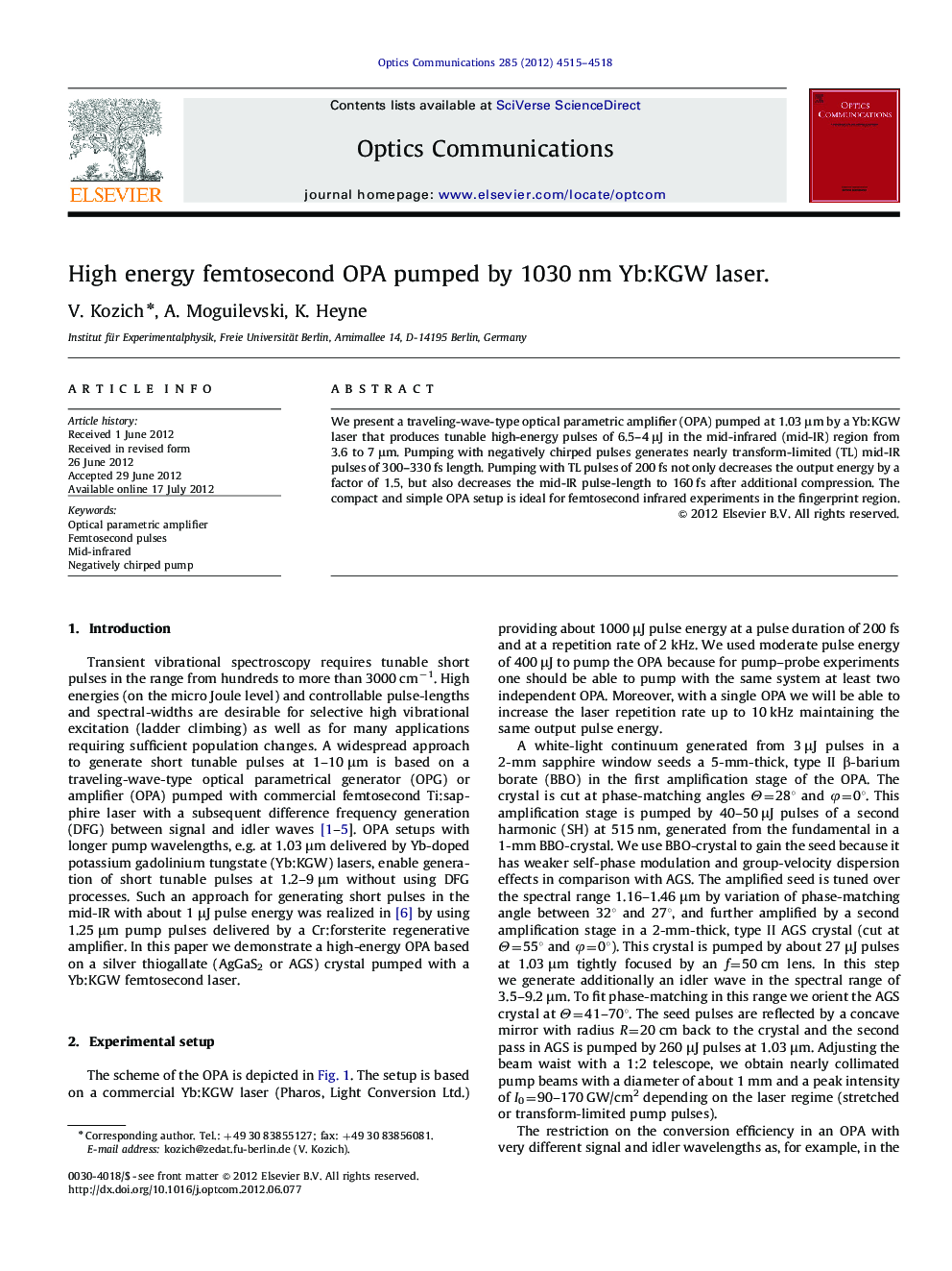 High energy femtosecond OPA pumped by 1030 nm Yb:KGW laser.