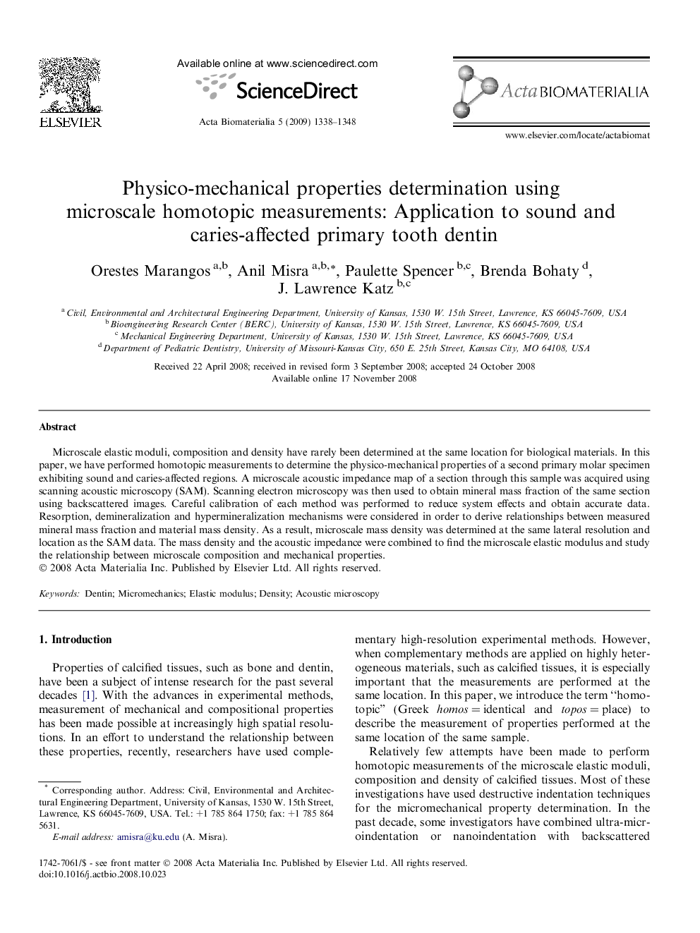 Physico-mechanical properties determination using microscale homotopic measurements: Application to sound and caries-affected primary tooth dentin