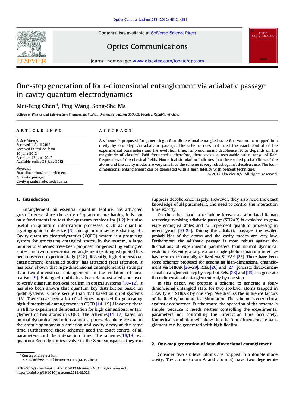 One-step generation of four-dimensional entanglement via adiabatic passage in cavity quantum electrodynamics