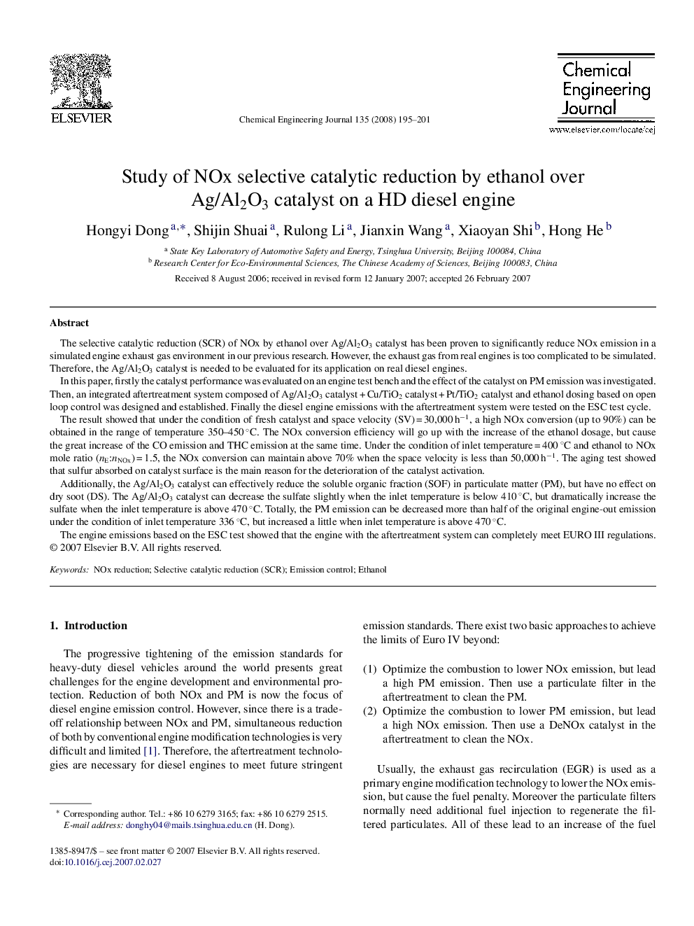 Study of NOx selective catalytic reduction by ethanol over Ag/Al2O3 catalyst on a HD diesel engine