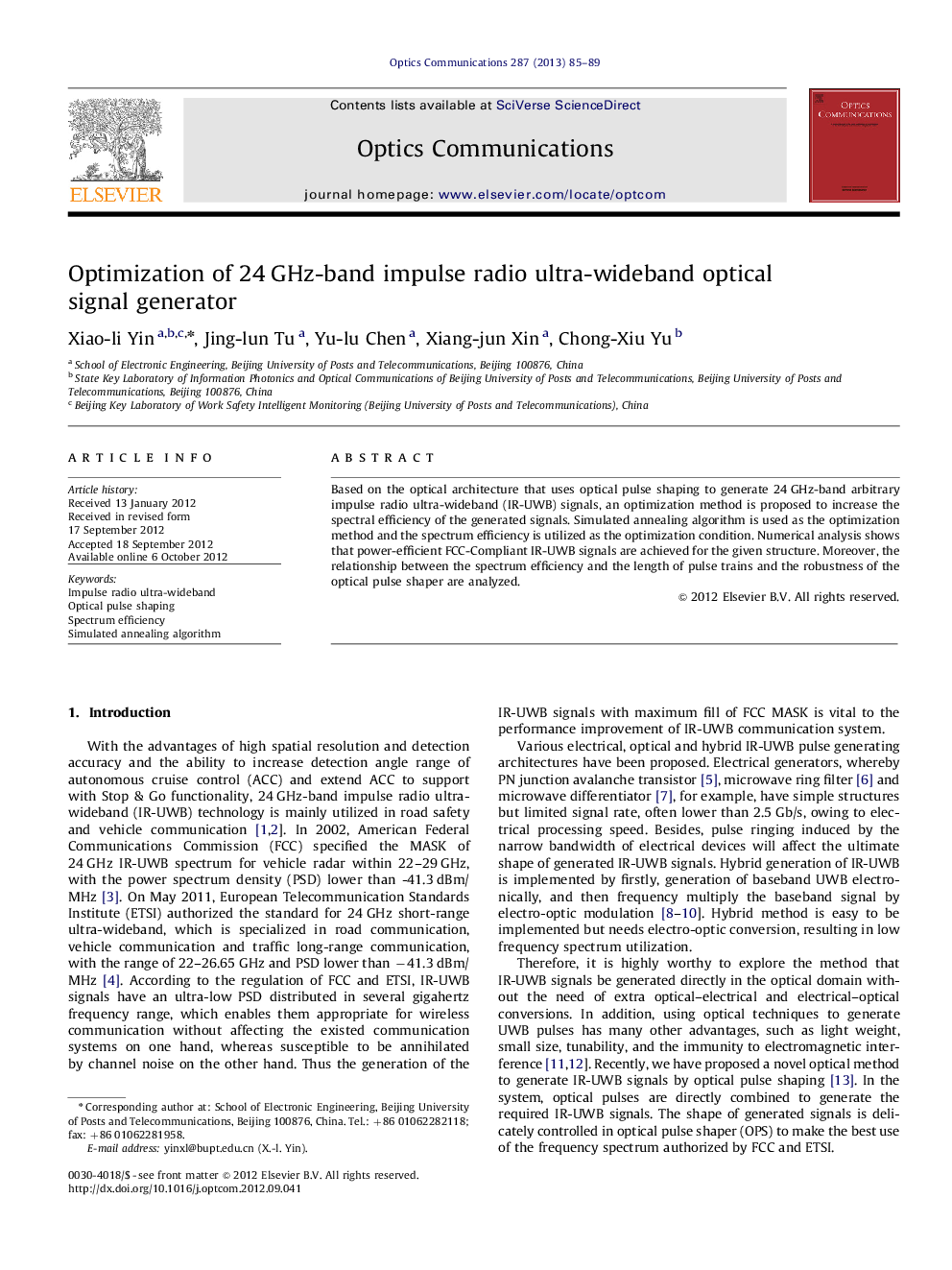 Optimization of 24Â GHz-band impulse radio ultra-wideband optical signal generator