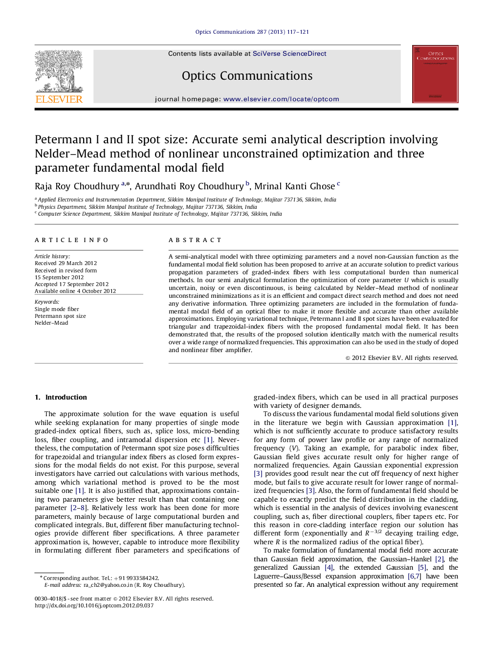 Petermann I and II spot size: Accurate semi analytical description involving Nelder-Mead method of nonlinear unconstrained optimization and three parameter fundamental modal field