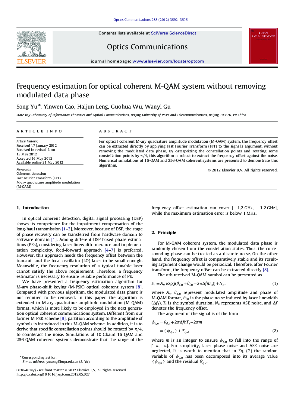 Frequency estimation for optical coherent M-QAM system without removing modulated data phase