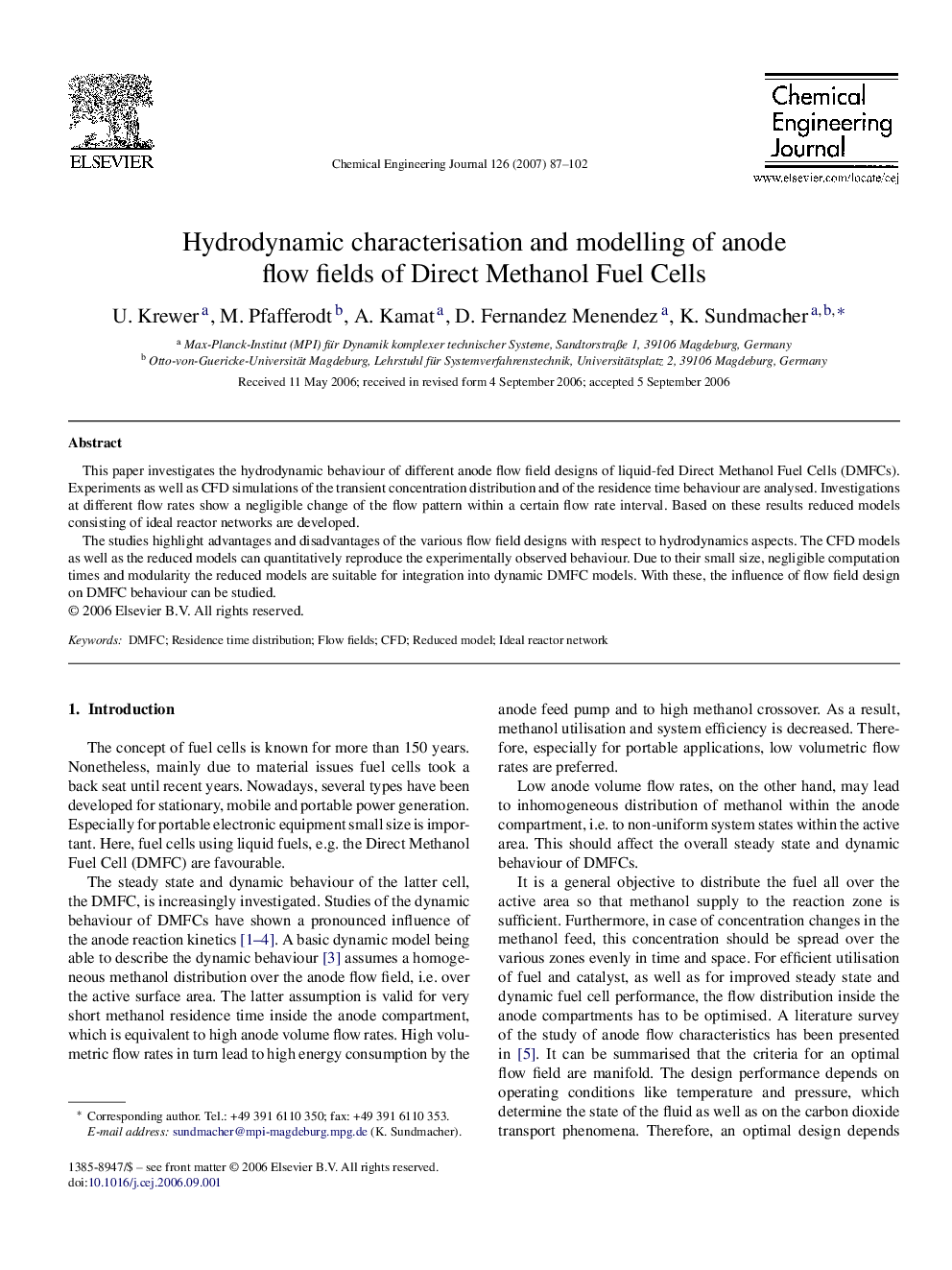 Hydrodynamic characterisation and modelling of anode flow fields of Direct Methanol Fuel Cells