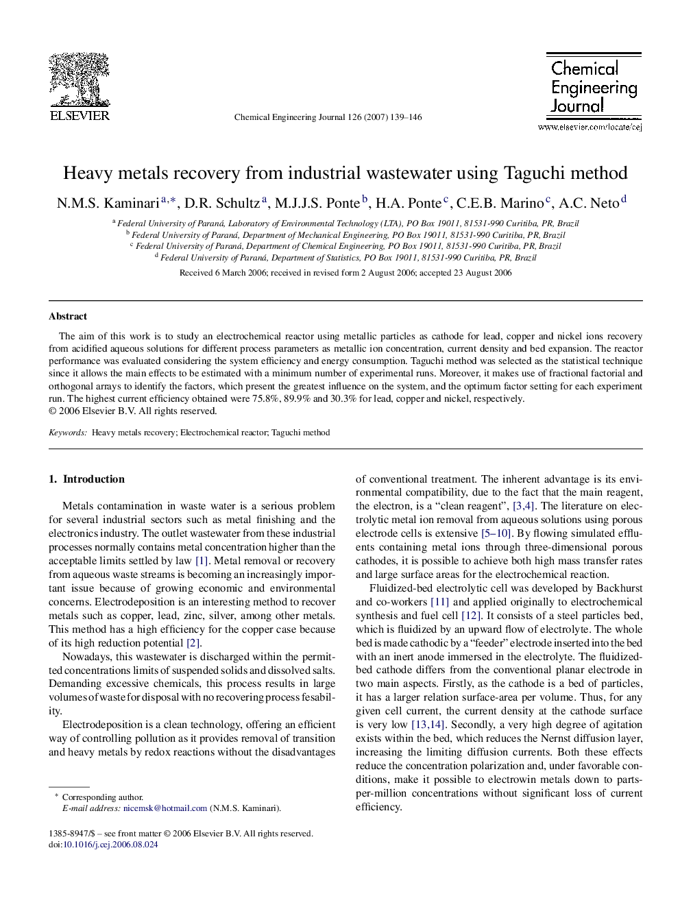 Heavy metals recovery from industrial wastewater using Taguchi method