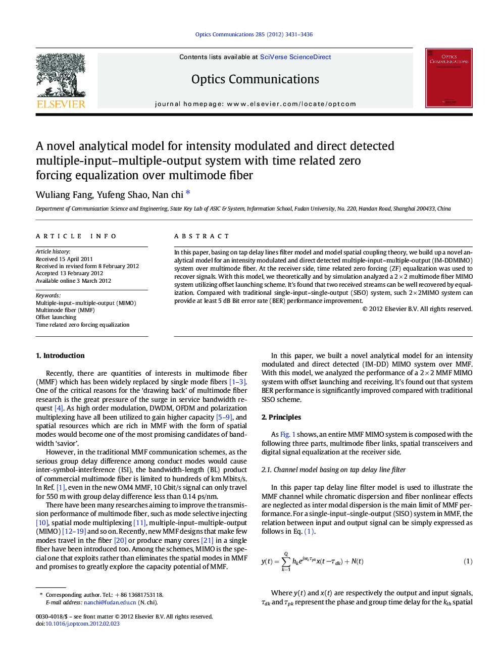 A novel analytical model for intensity modulated and direct detected multiple-input–multiple-output system with time related zero forcing equalization over multimode fiber