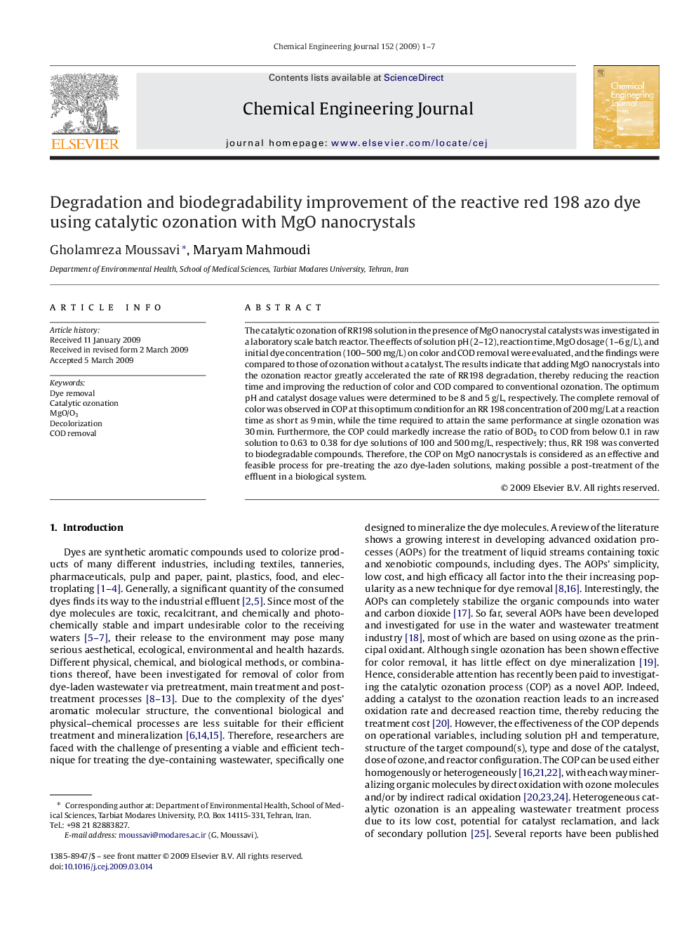 Degradation and biodegradability improvement of the reactive red 198 azo dye using catalytic ozonation with MgO nanocrystals