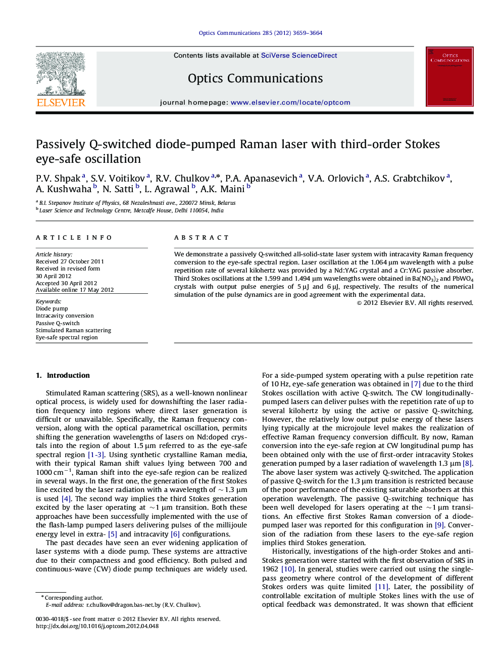 Passively Q-switched diode-pumped Raman laser with third-order Stokes eye-safe oscillation