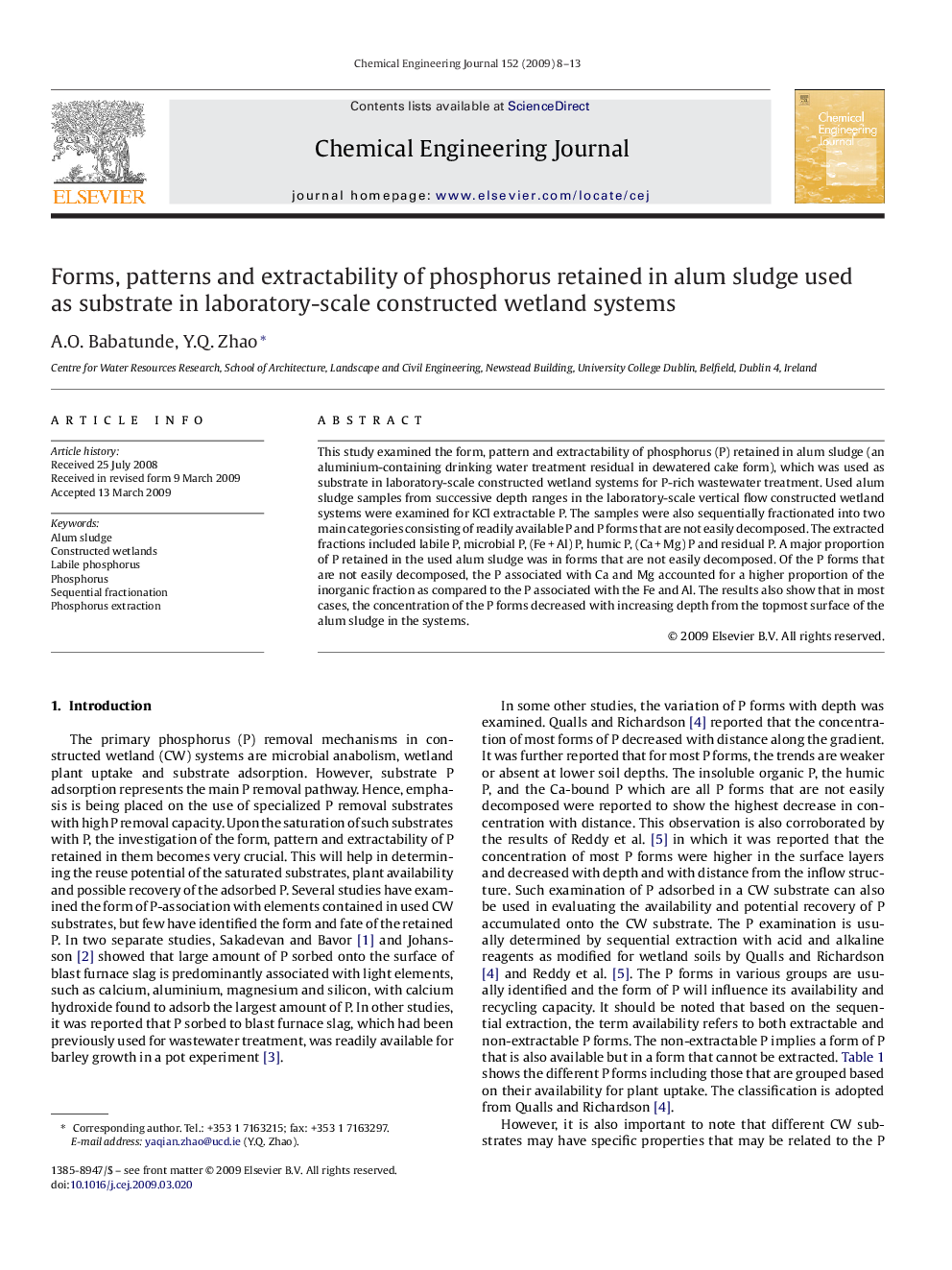عکس صفحه اول مقاله: Forms, patterns and extractability of phosphorus retained in alum sludge used as substrate in laboratory-scale constructed wetland systems Forms, patterns and extractability of phosphorus retained in alum sludge used as substrate in laboratory-scale constructed wetland systems
