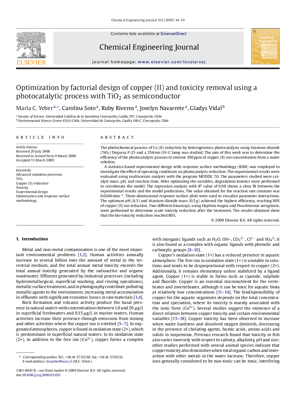 عکس صفحه اول مقاله: Optimization by factorial design of copper (II) and toxicity removal using a photocatalytic process with TiO2 as semiconductor Optimization by factorial design of copper (II) and toxicity removal using a photocatalytic process with TiO2 as semiconductor