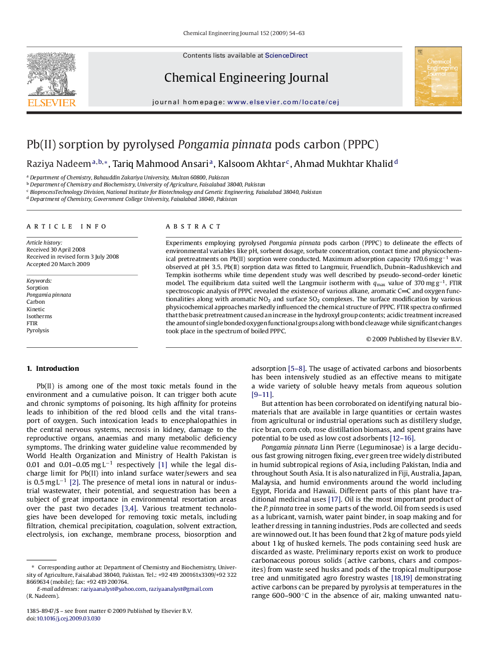 Pb(II) sorption by pyrolysed Pongamia pinnata pods carbon (PPPC)