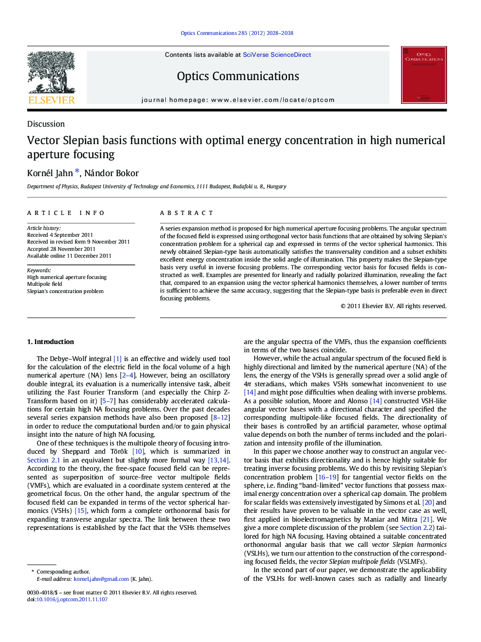 عکس صفحه اول مقاله: Vector Slepian basis functions with optimal energy concentration in high numerical aperture focusing Vector Slepian basis functions with optimal energy concentration in high numerical aperture focusing