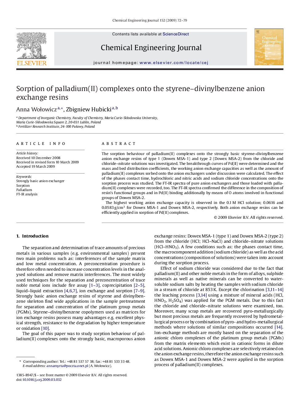 Sorption of palladium(II) complexes onto the styrene–divinylbenzene anion exchange resins