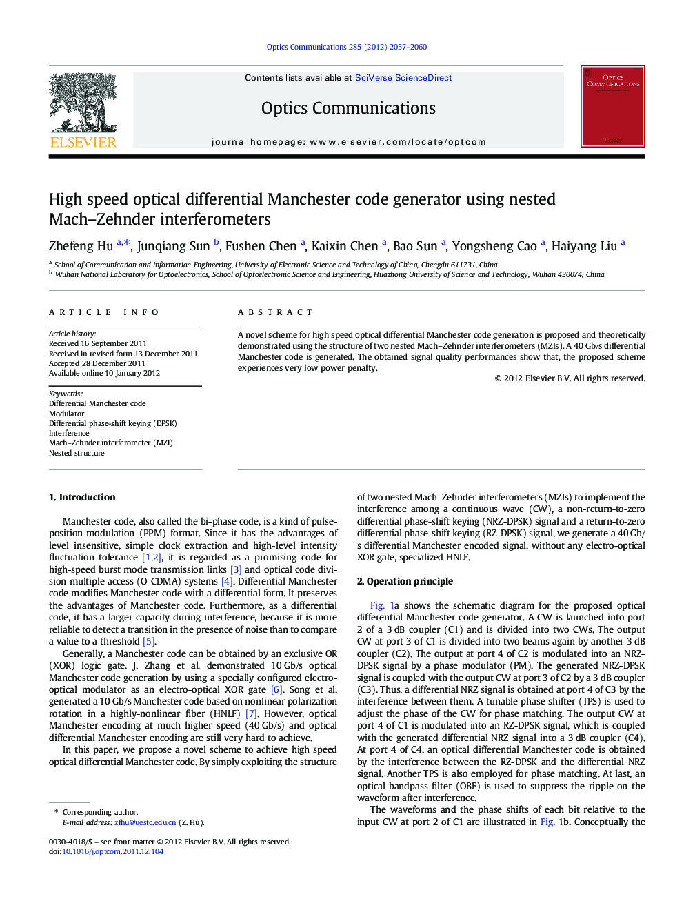 High speed optical differential Manchester code generator using nested Mach–Zehnder interferometers