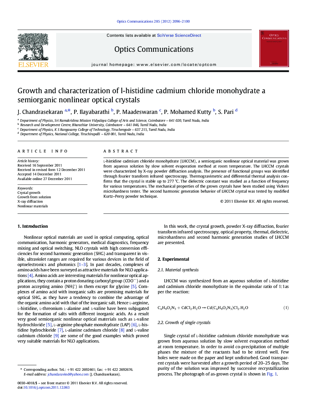 Growth and characterization of l-histidine cadmium chloride monohydrate a semiorganic nonlinear optical crystals